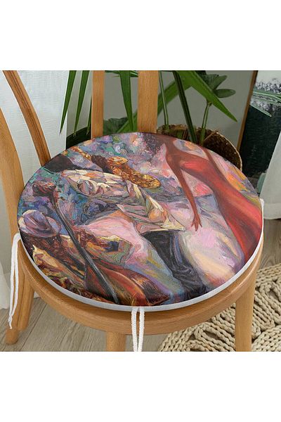 Realhomes Modern Round Zippered Chair Cushion with Oil Paint Drawing Women's Motif