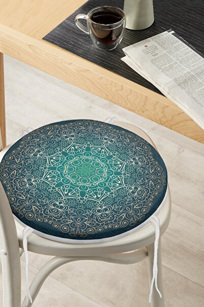 Realhomes Lacivert Desenli Gold Mandala Motifli Yuvarlak Fermuarlı Sandalye M...