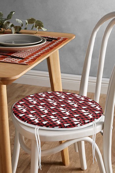 Realhomes Red Plaid Patterned Deer Motif Digital Printed Modern Round Zippered Chair Cushion