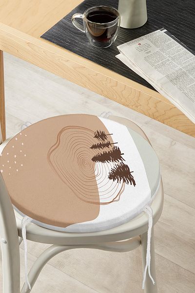 Realhomes Digital Printed Modern Round Zippered Chair Cushion with Pine Tree Pattern on White Background