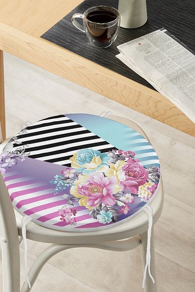 Realhomes Flower Patterned Special Design Digital Printed Modern Round Zippered Chair Cushion