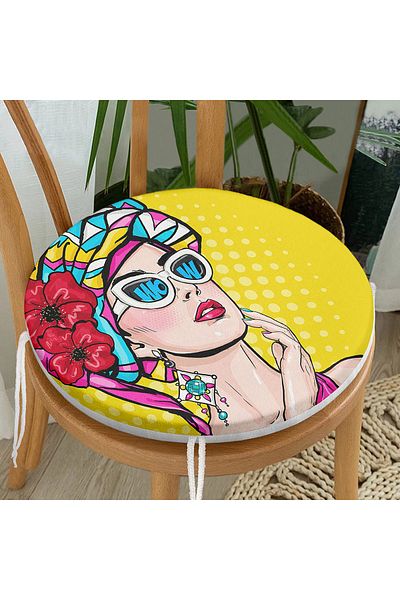 Realhomes Summer Popart Design Round Zippered Chair Cushion with Yellow Background