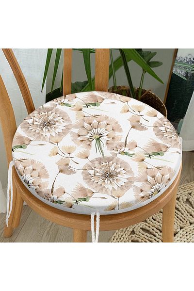 Realhomes Digital Printed Modern Round Zippered Chair Cushion with Flower Pattern on White Background
