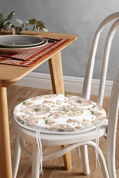 Realhomes Digital Printed Modern Round Zippered Chair Cushion with Flower Pattern on White Background