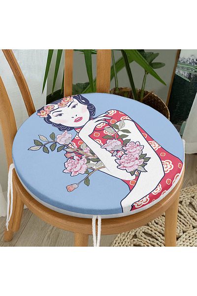 Realhomes Flower-Wrapped Japanese Girl Motif Round Zippered Chair Cushion