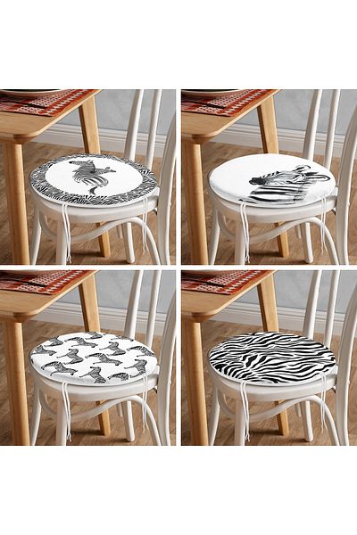 Realhomes Set of 4 Black and White Zebra Pattern Designed Round Zippered Chair Cushions