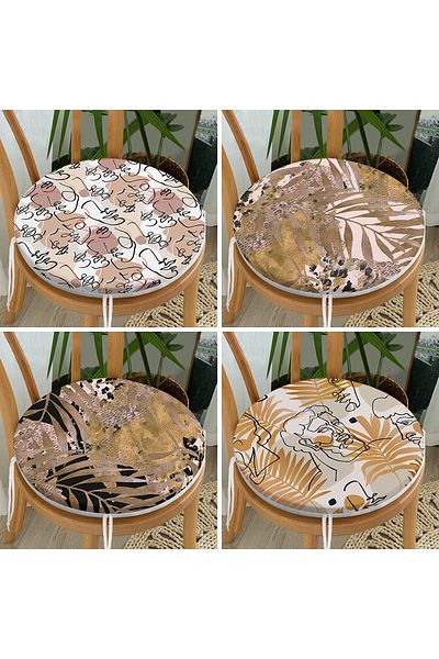 Realhomes Set of 4 Special Design Dried Leaf and Portrait Drawing Motif Round Zippered Chair Cushions
