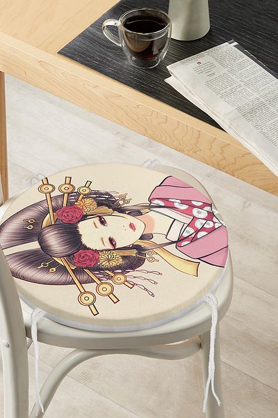Realhomes Innocent Baskan Japanese Girl Motif Modern Round Zippered Chair Cushion