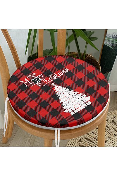 Realhomes Black Red Plaid Patterned Christmas Themed Round Zippered Chair Cushion