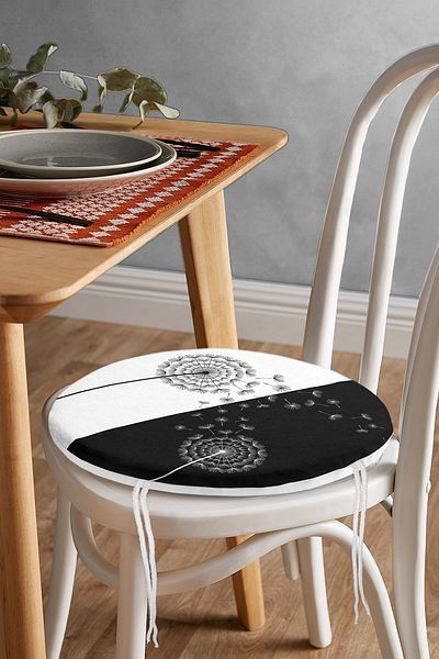 Realhomes Digital Printed Modern Round Zippered Chair Cushion with Flower Pattern on Black and White Background