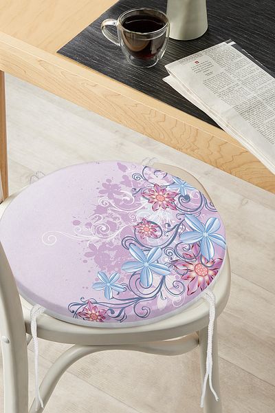 Realhomes Digital Printed Modern Round Zippered Chair Cushion with Flower Motif on Lilac Floor