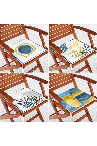 Realhomes 4-Piece Colorful Gold Detailed Leaf Patterned Modern Zippered Chair Cushion Set on the Floor