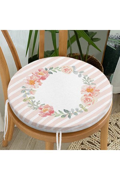 Realhomes Think Happy Digital Printed Round Zippered Chair Cushion with Flower Motif