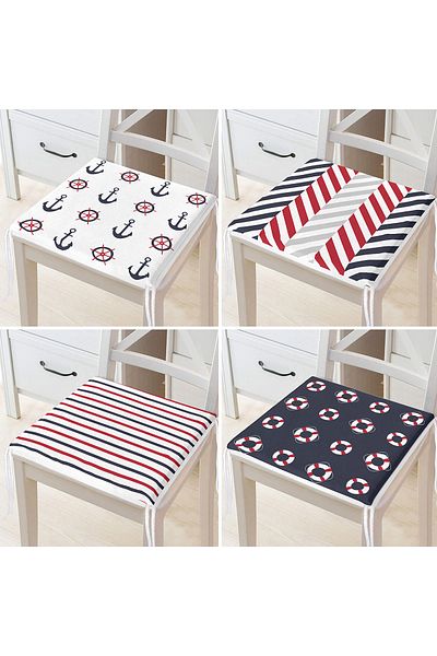 Realhomes 4-Piece Dark Blue Anchor Stripes Motif Modern Zippered Chair Cushion Set