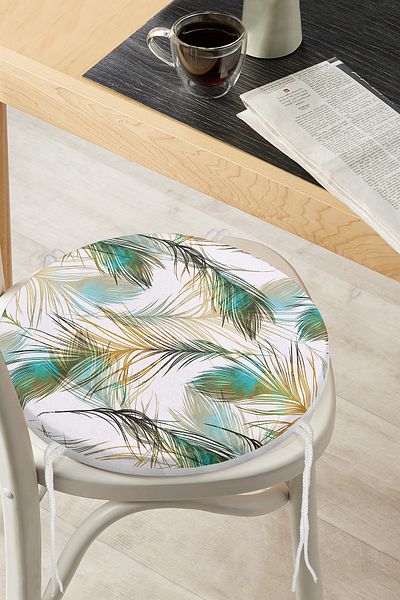 Realhomes Digital Printed Round Zippered Chair Cushion with Tropical Plant Motif on White Background