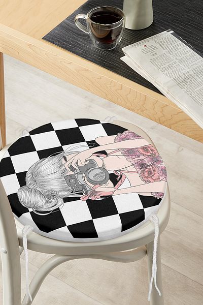 Realhomes Digital Printed Round Zippered Chair Cushion with Checkerboard Floor & Girl Taking Photos