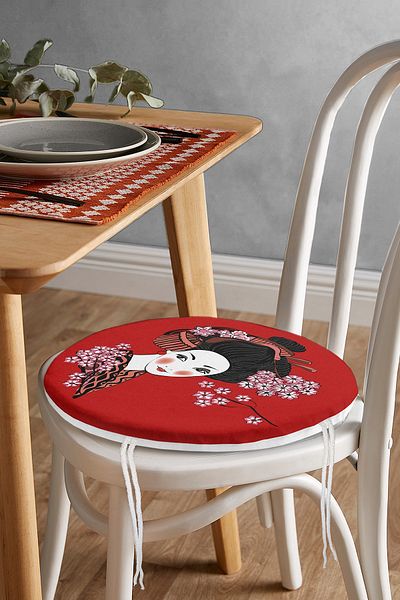 Realhomes Japanese Girl Modern Round Zippered Chair Cushion with Daisy Design on White and Red Background