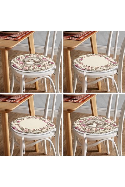 Realhomes Set of 4 Cream Floor Ethnic Drawing Digital Printed Modern Round Zippered Chair Cushions