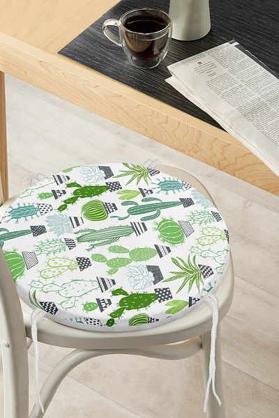 Realhomes Digital Printed Modern Round Zippered Chair Cushion with Green Cactus Pattern on White Background