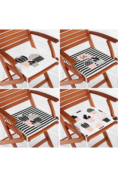 Realhomes 4-Piece Modern Zippered Chair Cushion Set with Onedraw Drawing Cactus Pattern on White Background