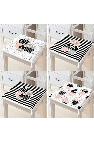 Realhomes 4-Piece Modern Zippered Chair Cushion Set with Onedraw Drawing Cactus Pattern on White Background
