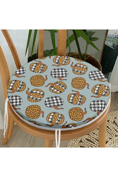 Realhomes Plaid Pumpkin Digital Printed Modern Round Zippered Chair Cushion on Pastel Floor