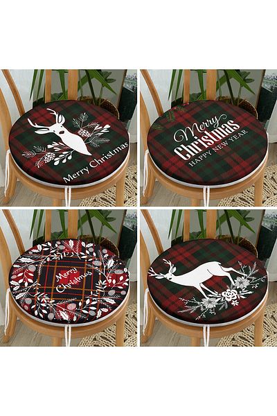 Realhomes Set of 4 Plaid Floor Christmas Patterned Round Zippered Chair Cushions