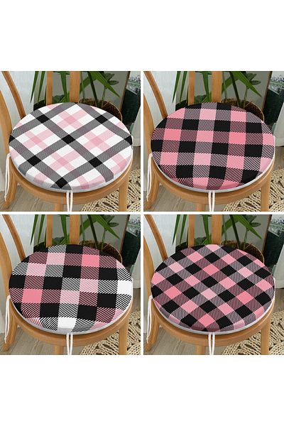 Realhomes Set of 4 Pink and Black Plaid Motif Decorative Round Zippered Chair Cushions