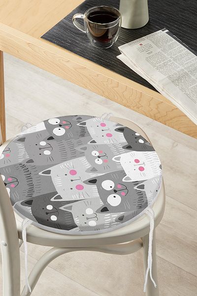 Realhomes Cute Cat Motif Digital Printed Special Design Modern Round Zippered Chair Cushion
