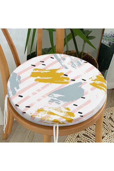 Realhomes Round Zippered Chair Cushion with Water Colored Pink Side Line Motif on White Background