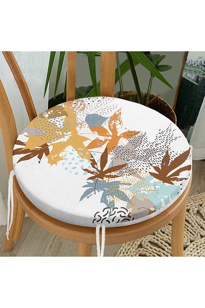 Realhomes Blue and Orange Leaf Patterned Round Zippered Chair Cushion on White Background
