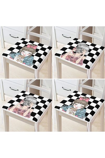 Realhomes 4-Piece Zippered Chair Cushion Set with Pop-art Girl Design on Checkered Floor
