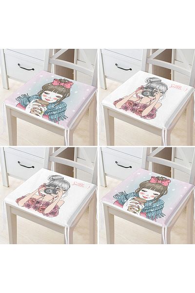 Realhomes 4-Piece Girl Drinking Coffee and Taking Photos Zippered Chair Cushion Set