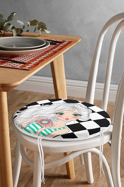 Realhomes Digital Printed Modern Round Zippered Chair Cushion with Checkerboard Background Girl Taking Photos