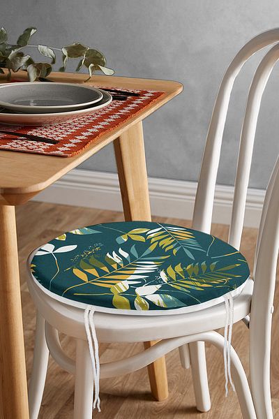 Realhomes Digital Printed Modern Round Zippered Chair Cushion with Leaf Motif on Colorful Floor