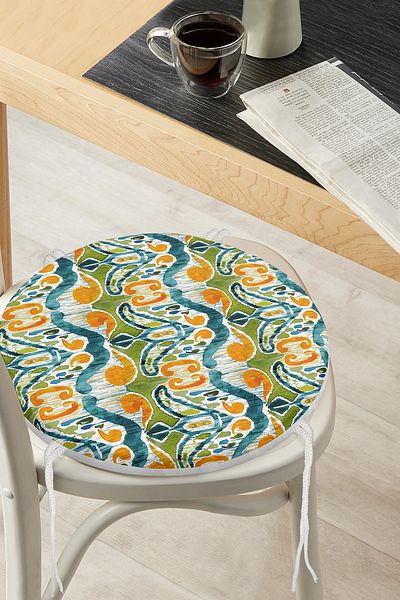 Realhomes Digital Printed Round Zippered Chair Cushion with Green Damask Design