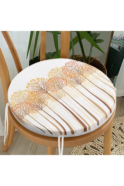 Realhomes Digital Printed Modern Round Zippered Chair Cushion with Abstract Tree and Leaf Figures