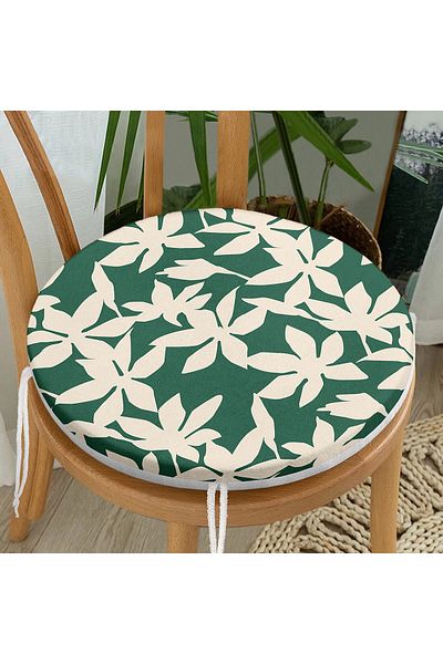 Realhomes Digital Printed Modern Round Zippered Chair Cushion with Leaf Pattern on Green Background