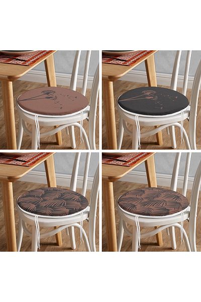 Realhomes Set of 4 Soft Colored Tropical Leaf Drawing Round Zippered Chair Cushions