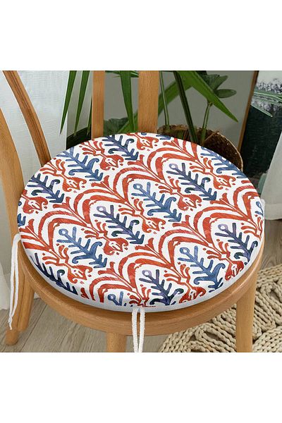 Realhomes Blue Red Damask Motif Round Zippered Chair Cushion