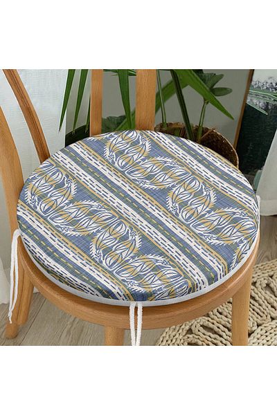 Realhomes Plain Striped Leaf Motif Round Zippered Chair Cushion with Denim Floor