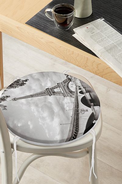 Realhomes Digital Printed Round Zippered Chair Cushion with Eiffel Tower Design