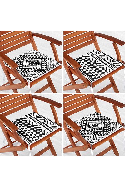 Realhomes Set of 4 Black and White Ethnic Geometric Drawing Digital Printed Modern Zippered Chair Cushions