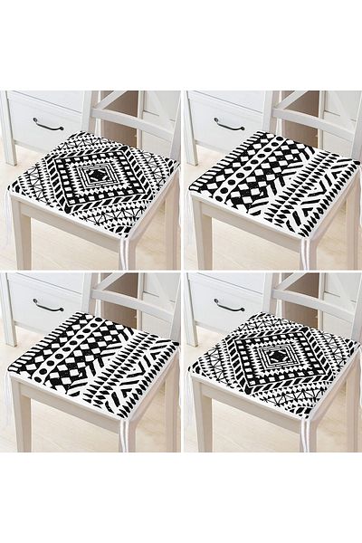 Realhomes Set of 4 Black and White Ethnic Geometric Drawing Digital Printed Modern Zippered Chair Cushions