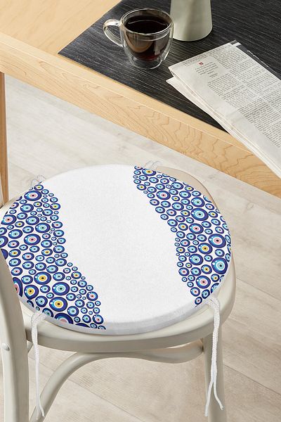 Realhomes Digital Printed Modern Round Zippered Chair Cushion with Evil Eye Bead Motif