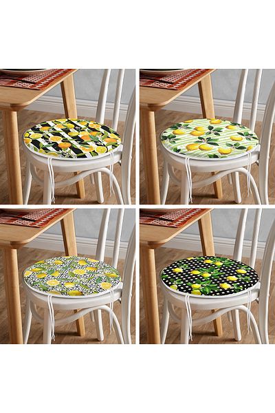 Realhomes Set of 4 Lemon Design Digital Printed Round Zippered Chair Cushions