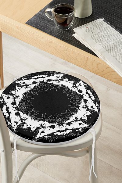 Realhomes Square Mandala Patterned Special Design Round Zippered Chair Cushion on Black Background