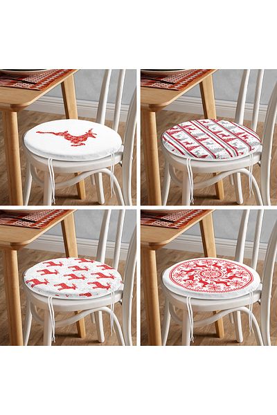 Realhomes Set of 4 Red and White Christmas Deers Round Zippered Chair Cushions