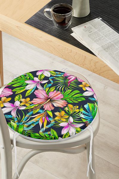 Realhomes Tropical Patterned Digital Printed Round Zippered Chair Cushion with Navy Blue Background