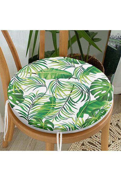 Realhomes Modern Round Zippered Chair Cushion with Green Leaves Design on White Background